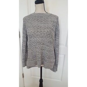 LOFT Open Weave Women's‎ Sweater, HI Lo Hem Notched, Grey & White, Size Medium